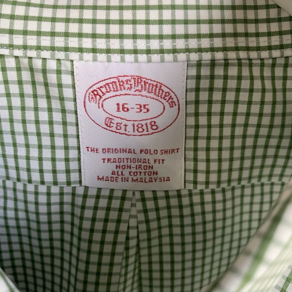 BROOKS BROTHERS THE ORIGINAL POLO SHIRT Mens 16/35 LONG SLEEVE Green Checked - Picture 5 of 8